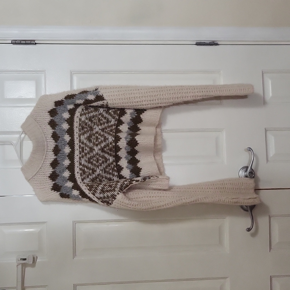 Free People Cream and Brown Cropped Fair Isle Sweater